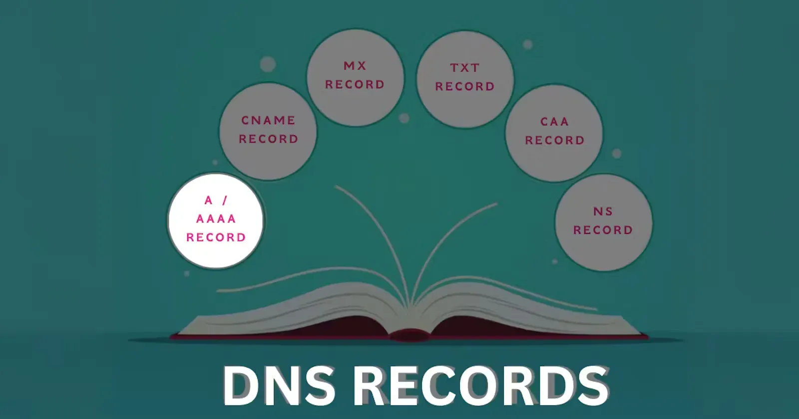 Highlighted A/AAAA DNS records illustration with related record types above an open book